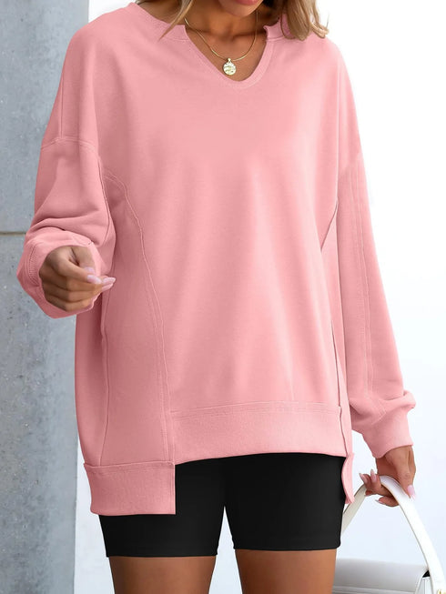 Notched Long Sleeve Oversized Sweatshirt - Fashorio
