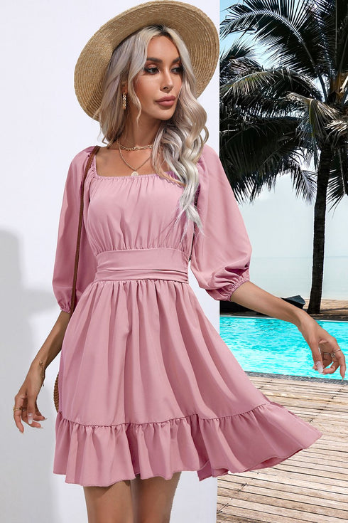 Square Neck Dress with Tie Back & Ruffle Hem – Flirty Fit - Fashorio