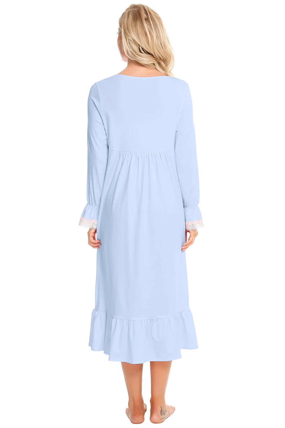 Lace Detail Square Neck Flounce Sleeve Night Dress - Fashorio
