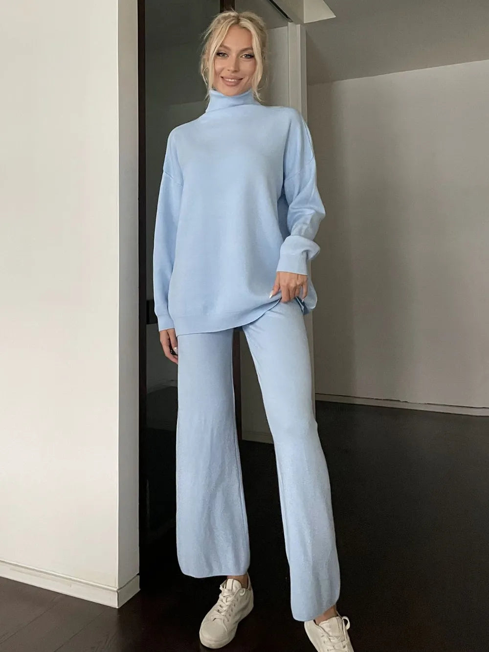 Turtleneck Long Sleeve Top and Drawstring Pants Sweater Set - Fashorio