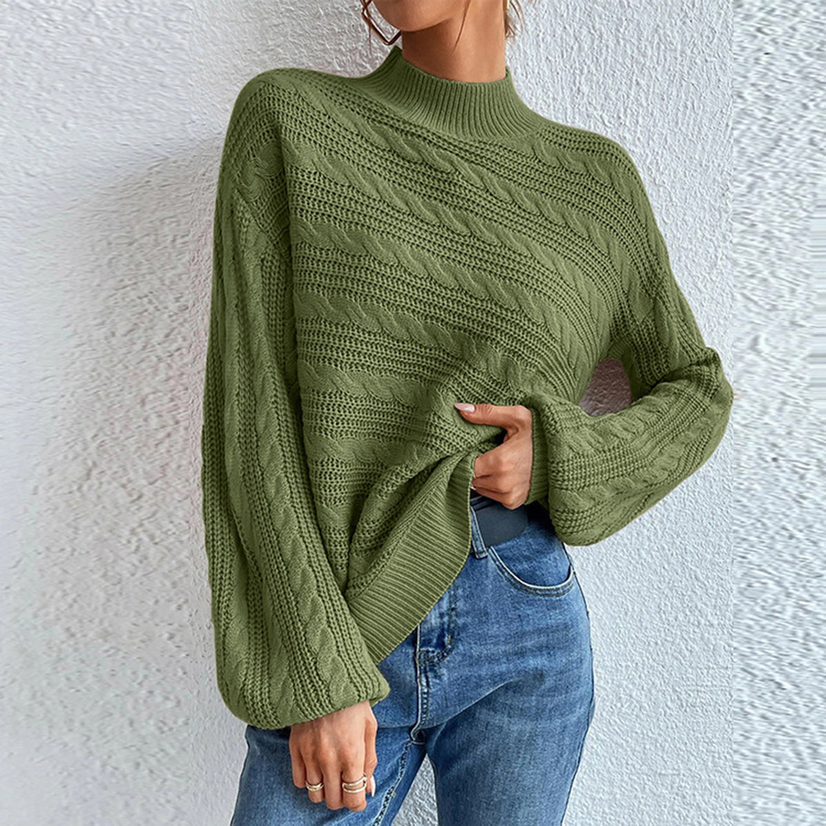 Cable-Knit Mock Neck Long Sleeve Sweater Matcha Green - Fashorio