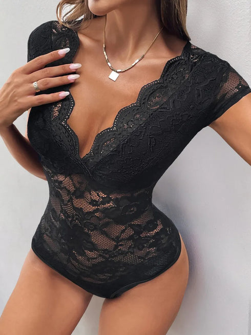 Perfee Lace V-Neck Cap Sleeve Bodysuit - Fashorio