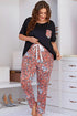 Plus Size Contrast Round Neck Tee and Floral Pants Lounge Set - Fashorio