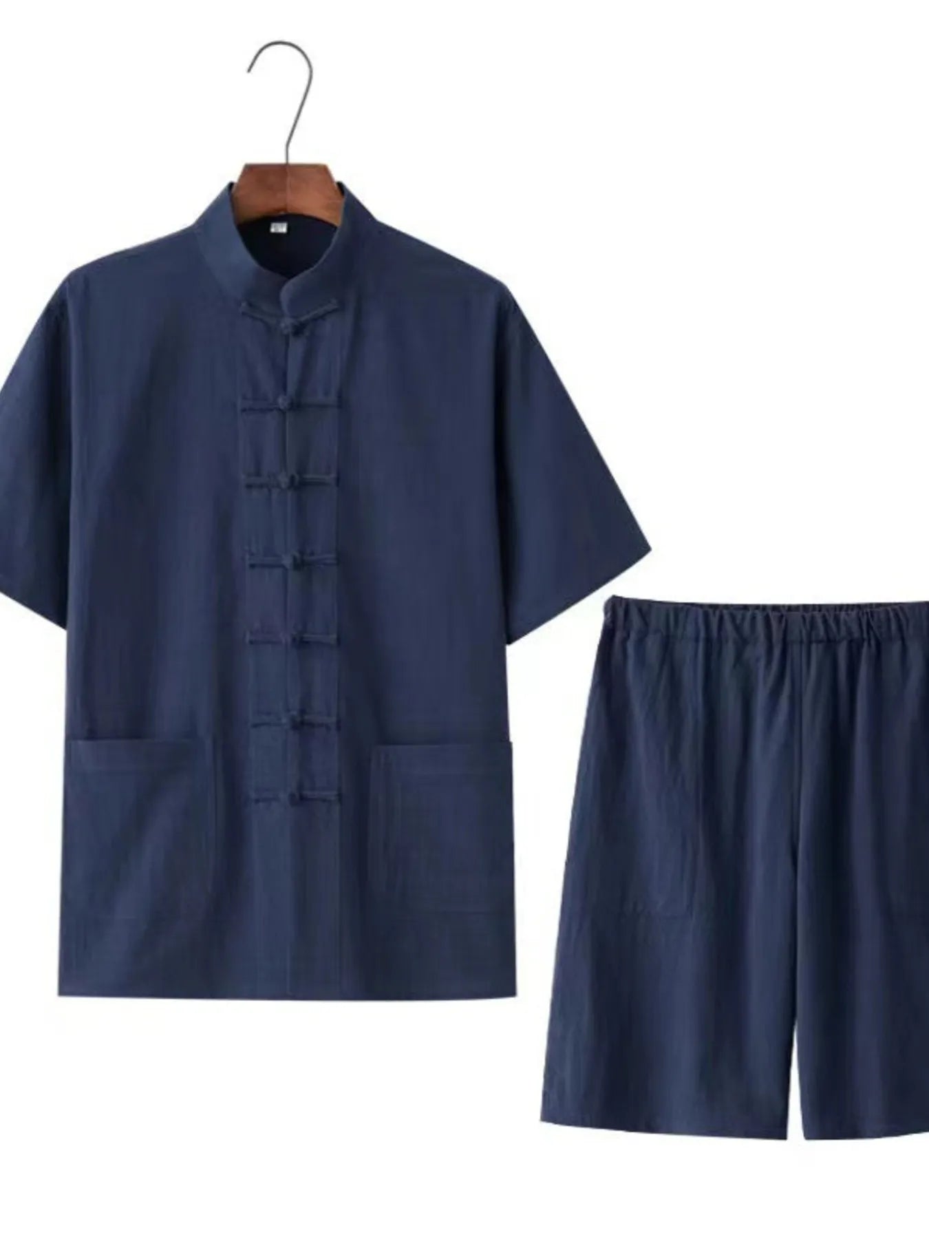 Men's Plus Size Chinese Style Top and Shorts Set Navy - Fashorio