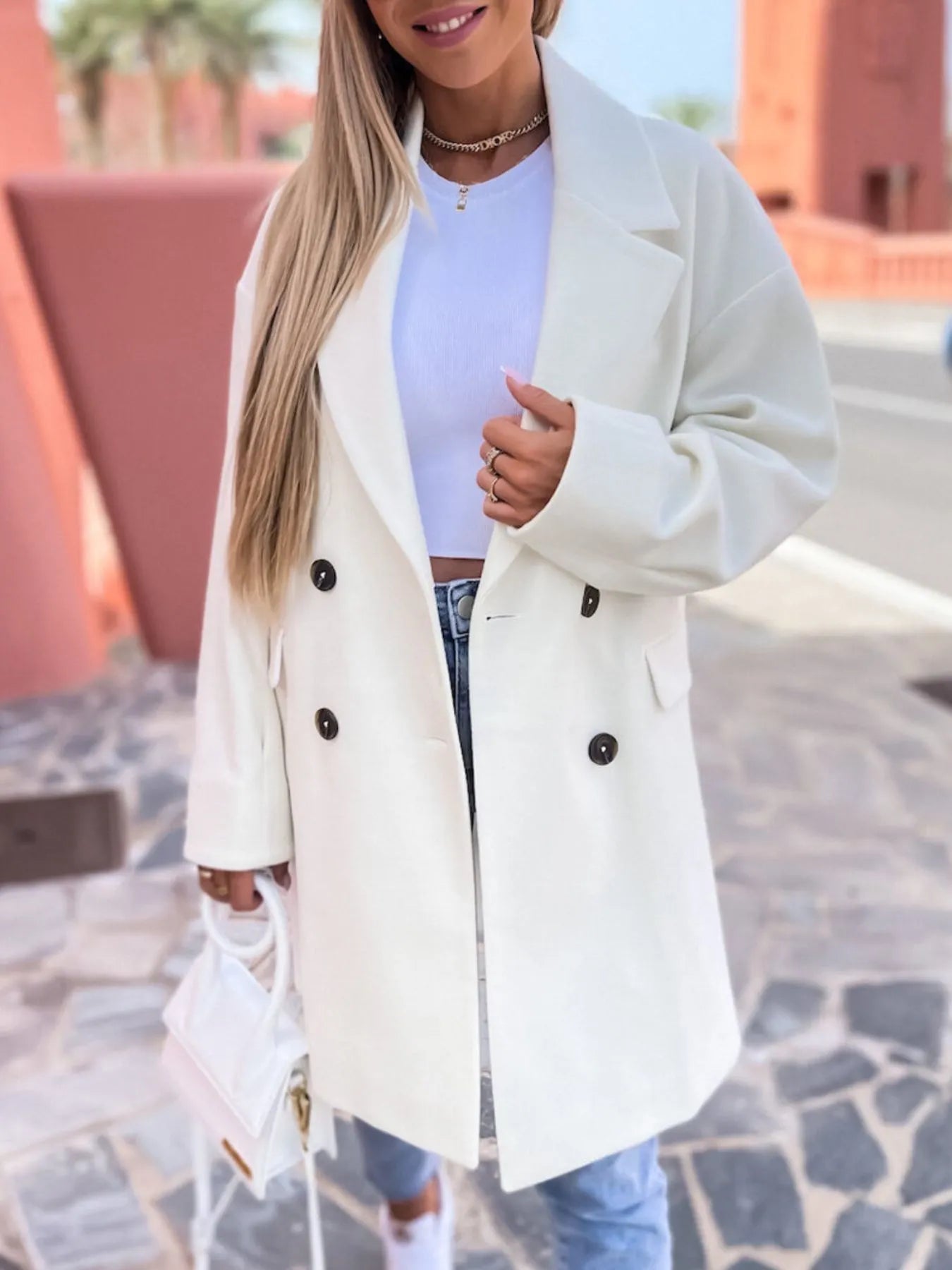 Full Size Double-Breasted Wool Coat Plus Size White - Fashorio