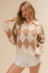 BiBi Diamond Pattern Collared Notch Neck Sweater - Fashorio