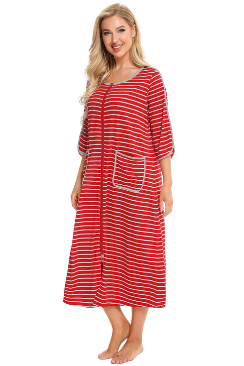 Round Neck Three-Quarter Sleeve Midi Night Dress - Fashorio
