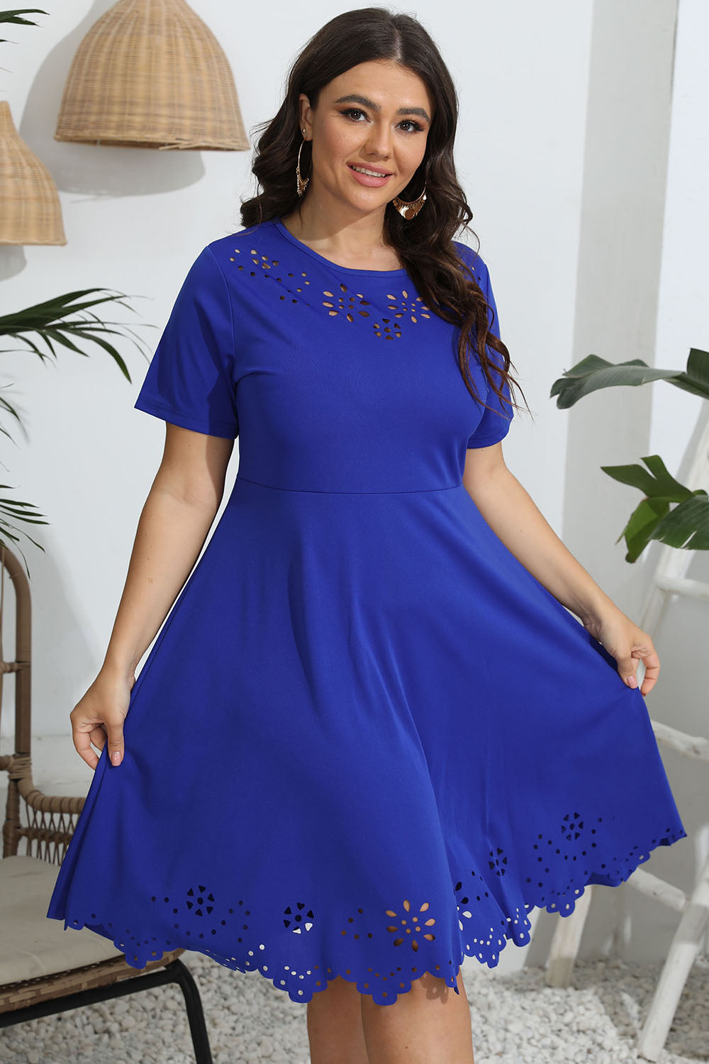Plus Size Round Neck Openwork Dress – Chic Everyday Comfort - Fashorio