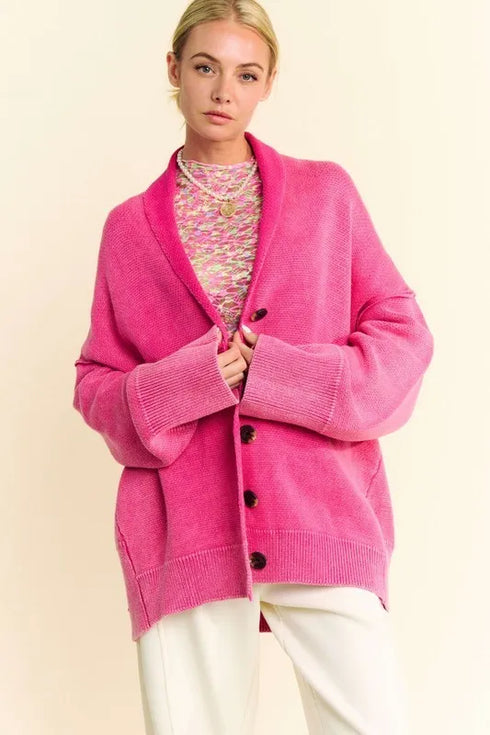Davi & Dani Shawl Collar Ribbed Detail Button Up Cardigan Hot Pink - Fashorio