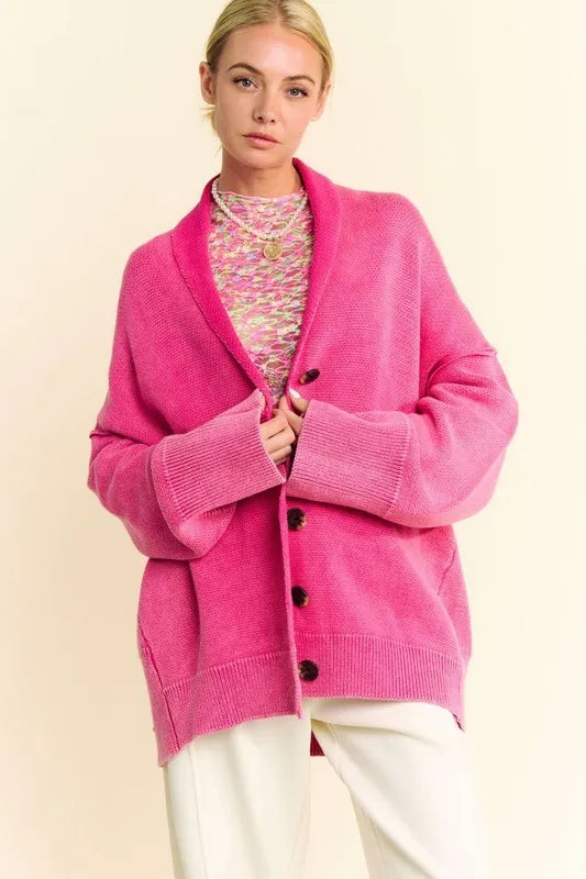 Davi & Dani Shawl Collar Ribbed Detail Button Up Cardigan Hot Pink - Fashorio