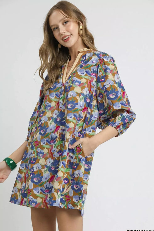 Umgee Boho Floral Balloon Sleeve Mini Dress - Fashorio