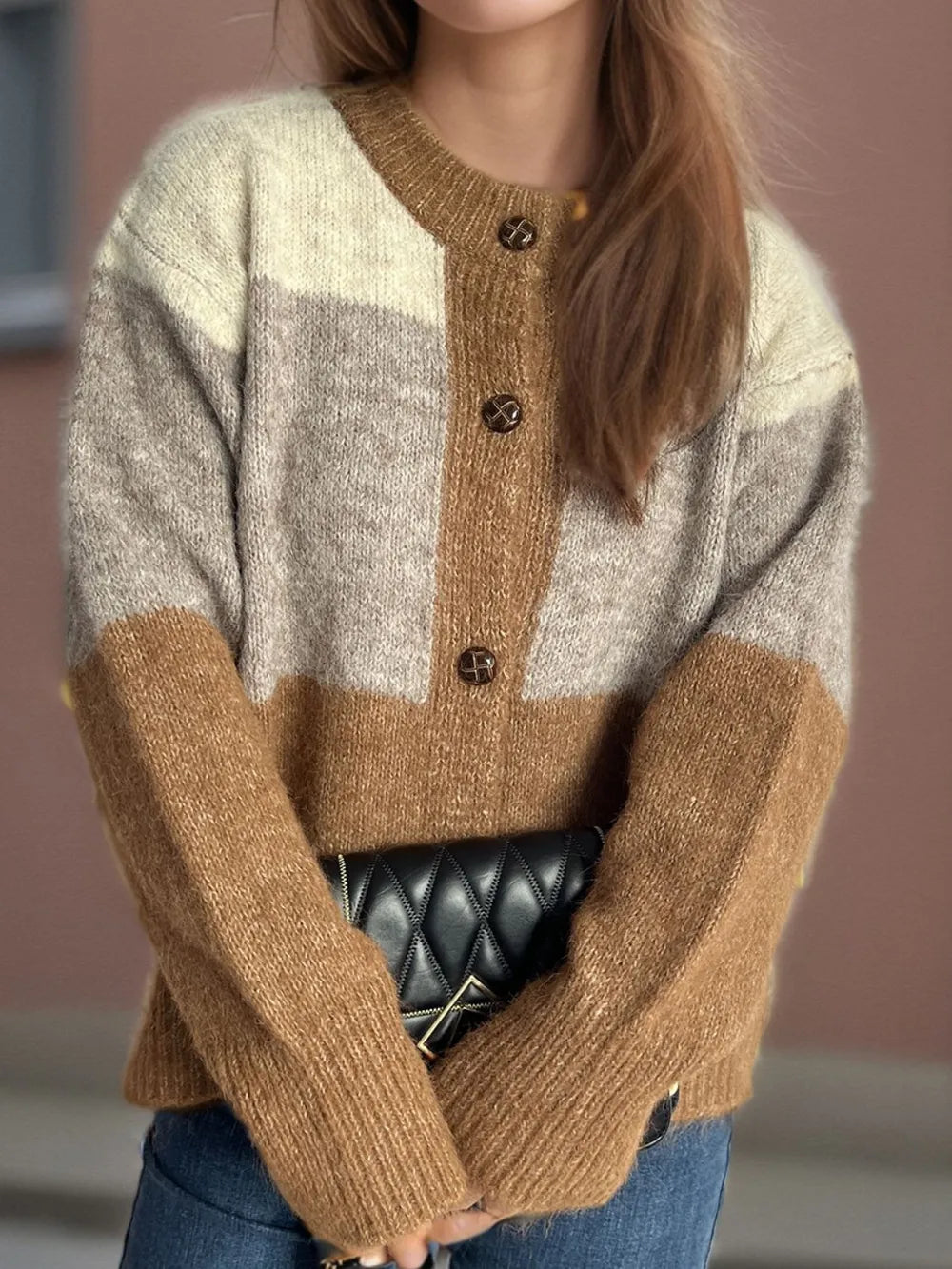 Color Block Round Neck Button Up Cardigan - Fashorio