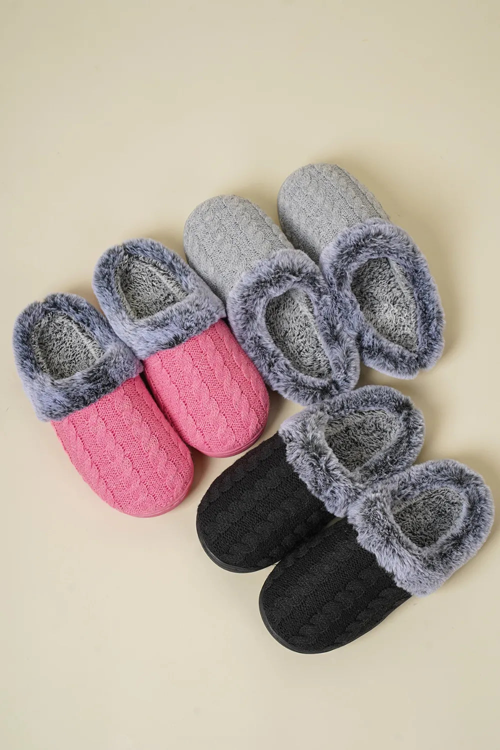 Cable-Knit Fluff Round Toe Slippers - Fashorio
