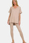 Zenana Full Size V-Neck Rolled Short Sleeve T-Shirt and Leggings Lounge Set Lt Mocha - Fashorio