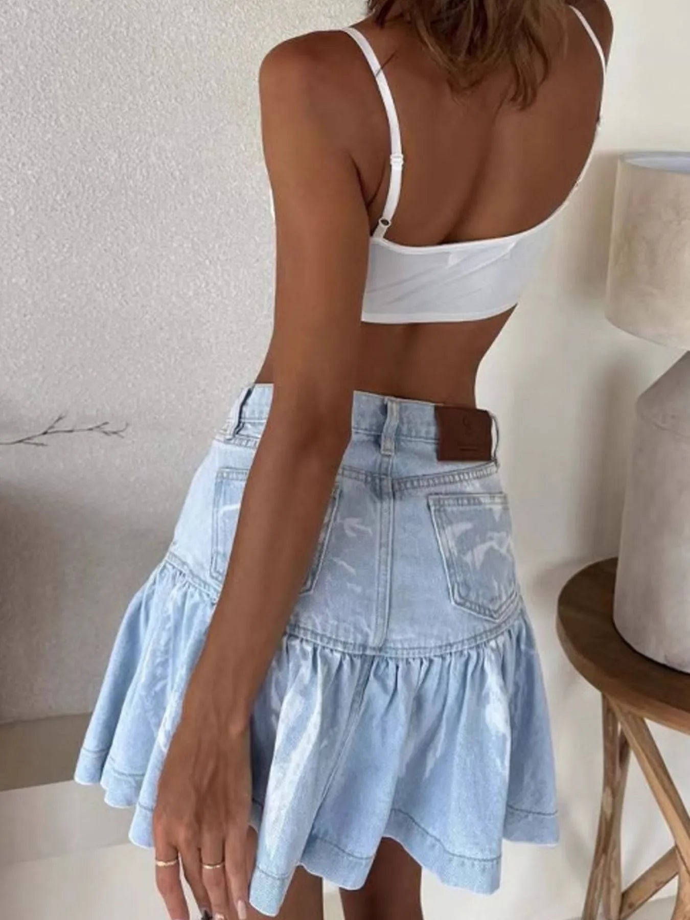 Ruffled Hem Denim Mini Skirt - Fashorio