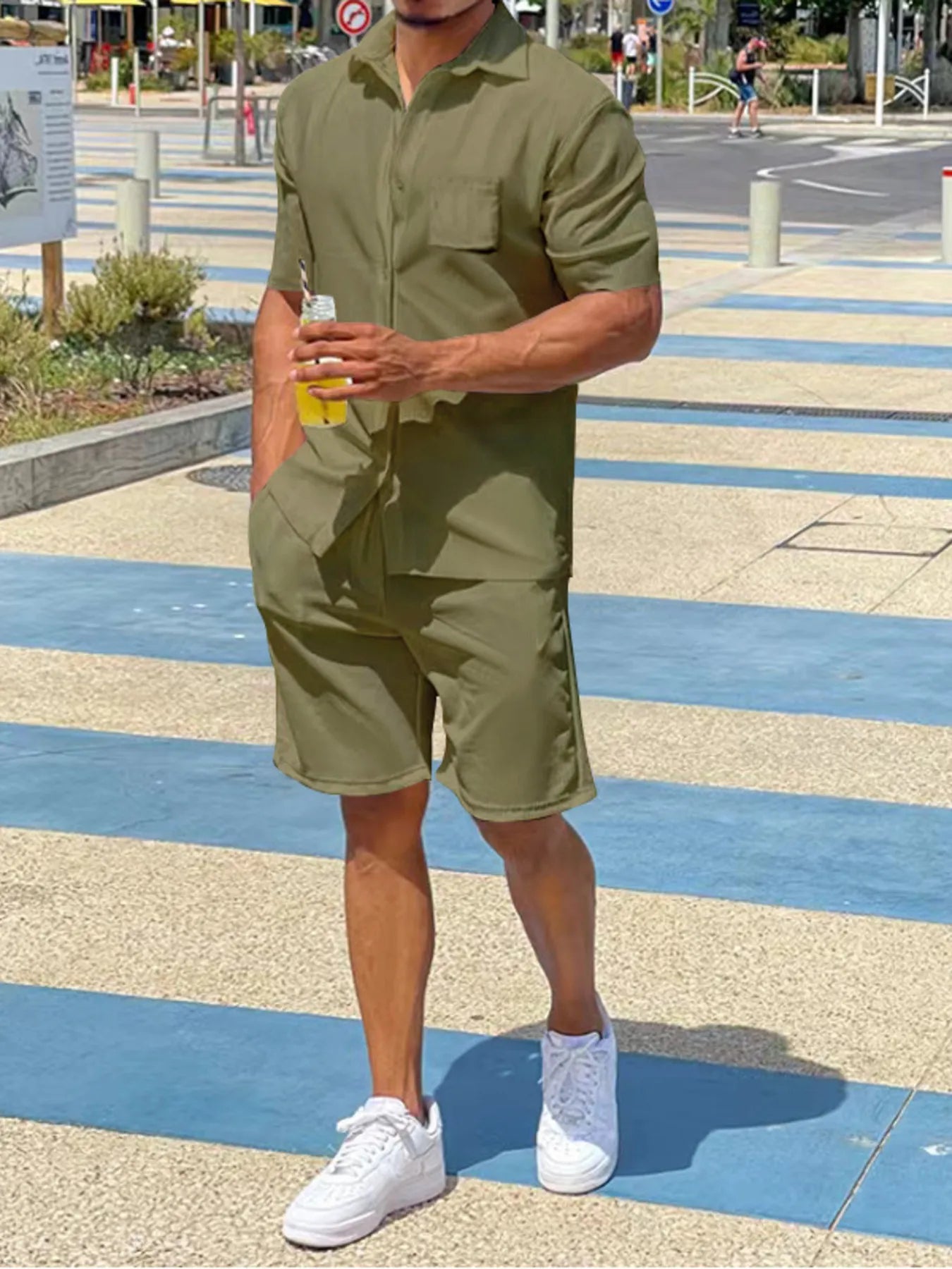Men's Plus Size Button Up Shirt and Shorts Set Military Green - Fashorio