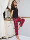 Heart Graphic V-Neck Top and Plaid Pants Lounge Set Black Red - Fashorio