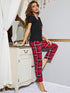 Heart Graphic V-Neck Top and Plaid Pants Lounge Set Black Red - Fashorio
