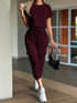 Round Neck Short Sleeve Top and Pants Set Burgundy - Fashorio