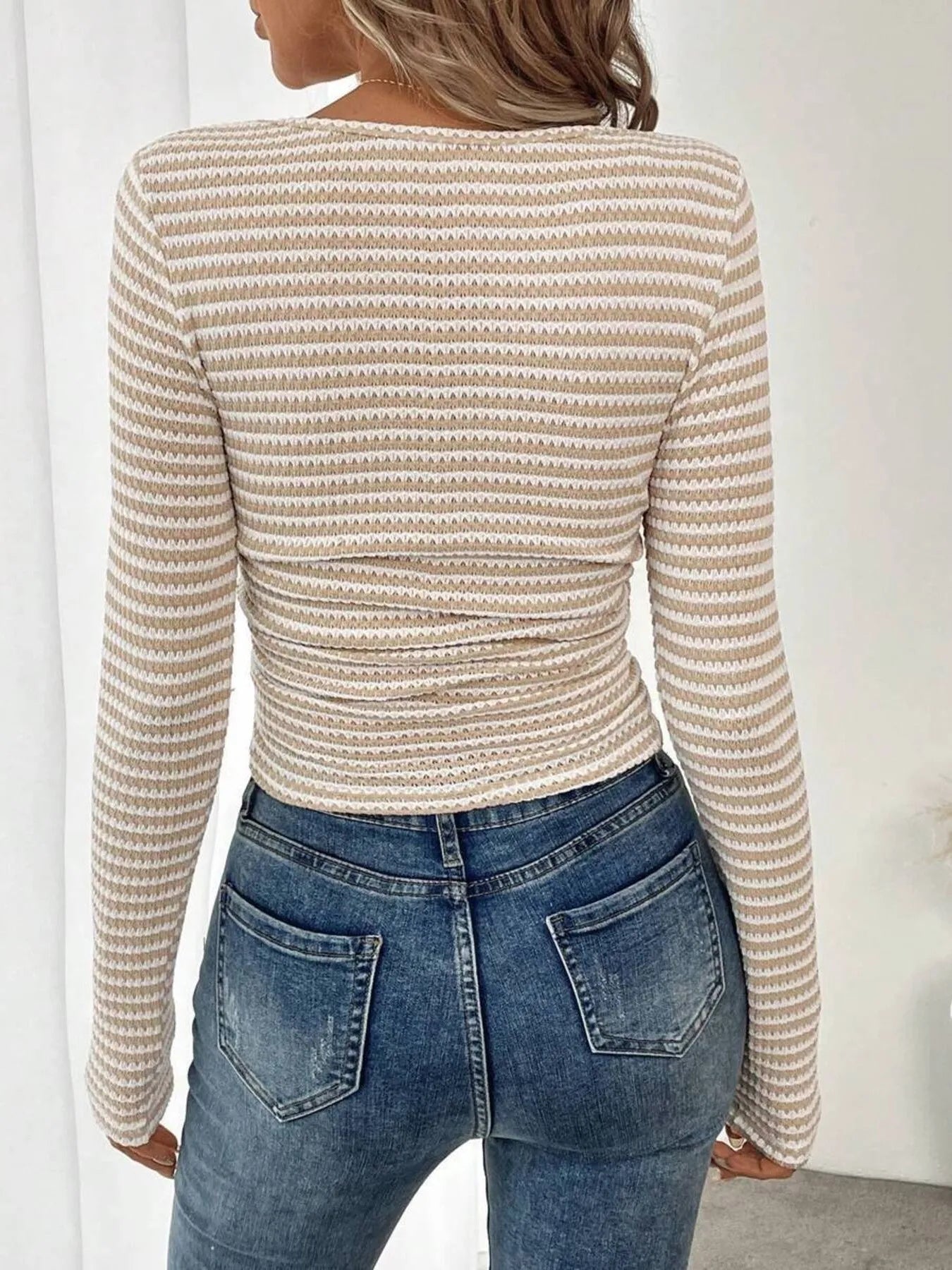 Striped Square Neck Long Sleeve T-Shirt - Fashorio
