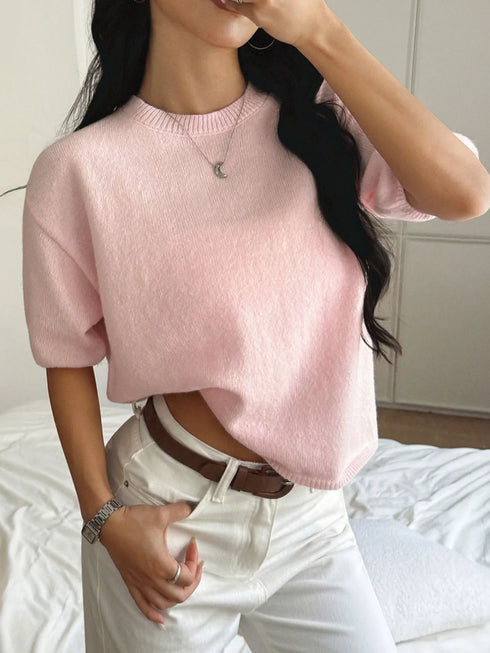 Ribbed Hem Round Neck Sweater - Fashorio