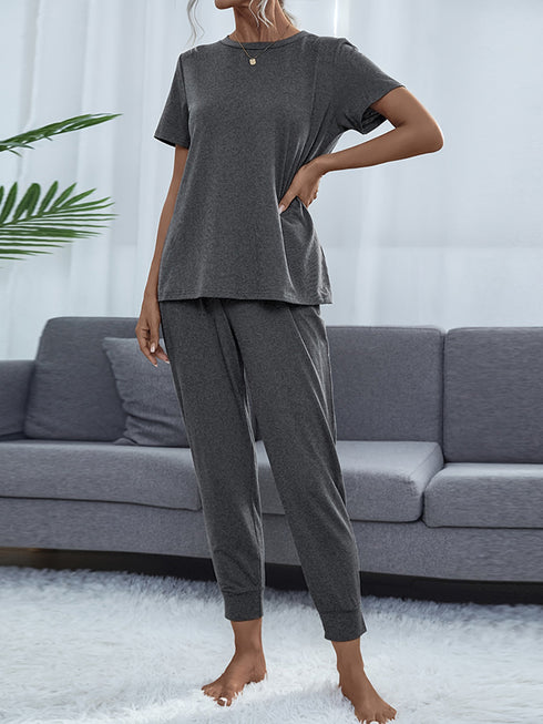 Shiny Round Neck Short Sleeve Top and Pants Set - Fashorio