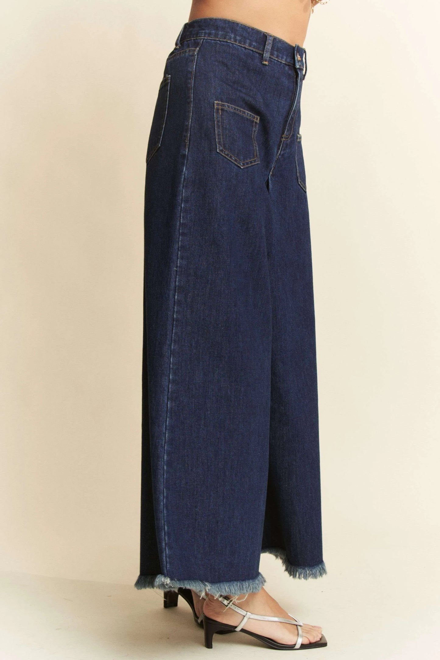 Davi & Dani Patch Pocket Wide Leg Culotte Jeans - Fashorio