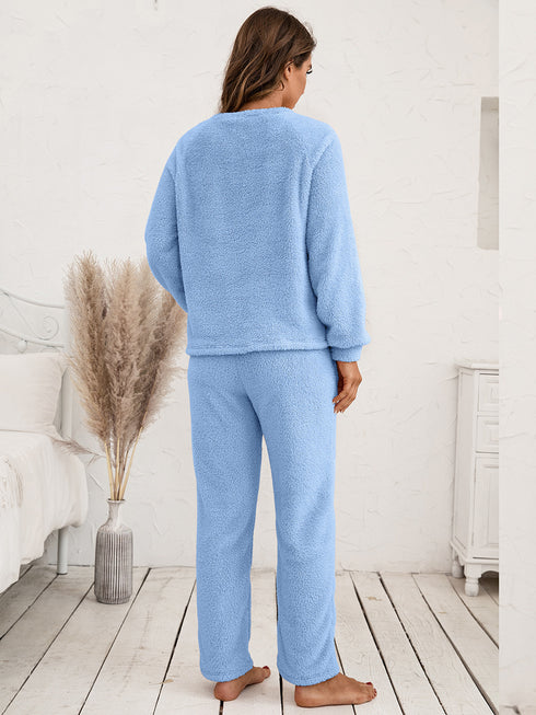 Ivy Lane Teddy Long Sleeve Top and Pants Lounge Set - Fashorio