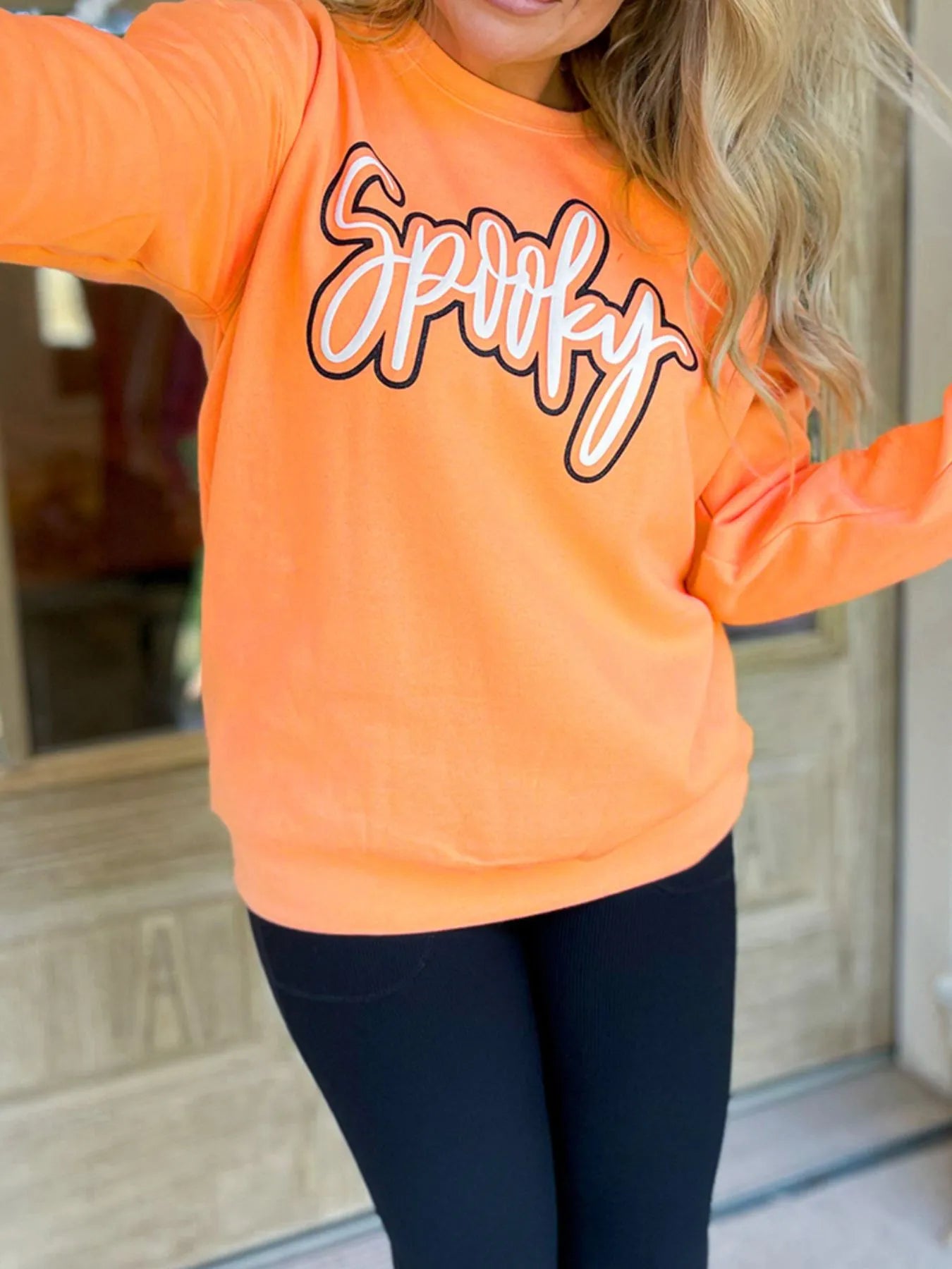 Spooky Round Neck Long Sleeve Sweatshirt Tangerine - Fashorio