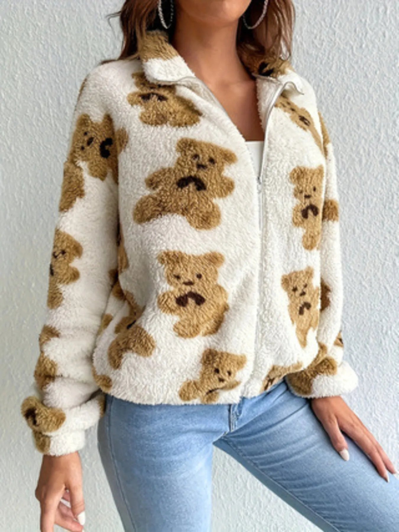 Bear Print Fleece Zip Up Outerwear - Fashorio