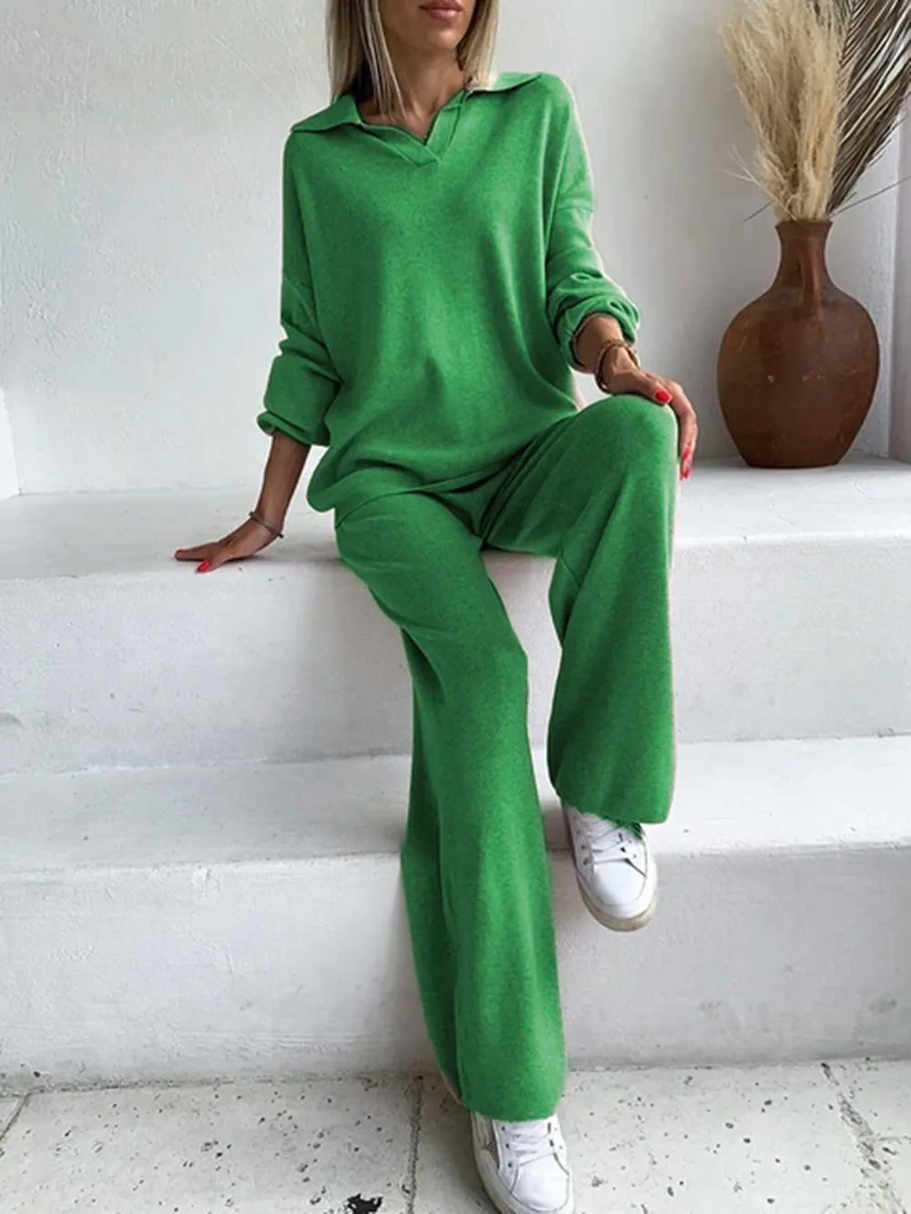 Johnny Collar Long Sleeve Top and Pants Sweater Set Dark Green One Size - Fashorio