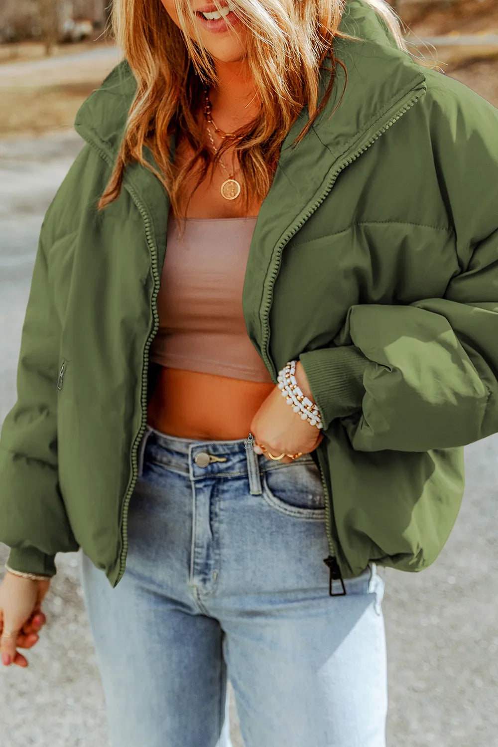 Zip Up Collared Neck Coat with Pockets Moss - Fashorio