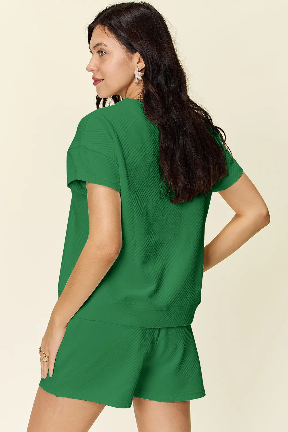 Double Take Full Size Texture Short Sleeve T-Shirt and Drawstring Shorts Set - Fashorio