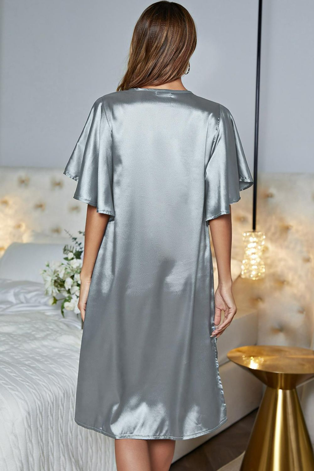 Satin Flutter Sleeve Side Slit V-Neck Night Dress - Fashorio