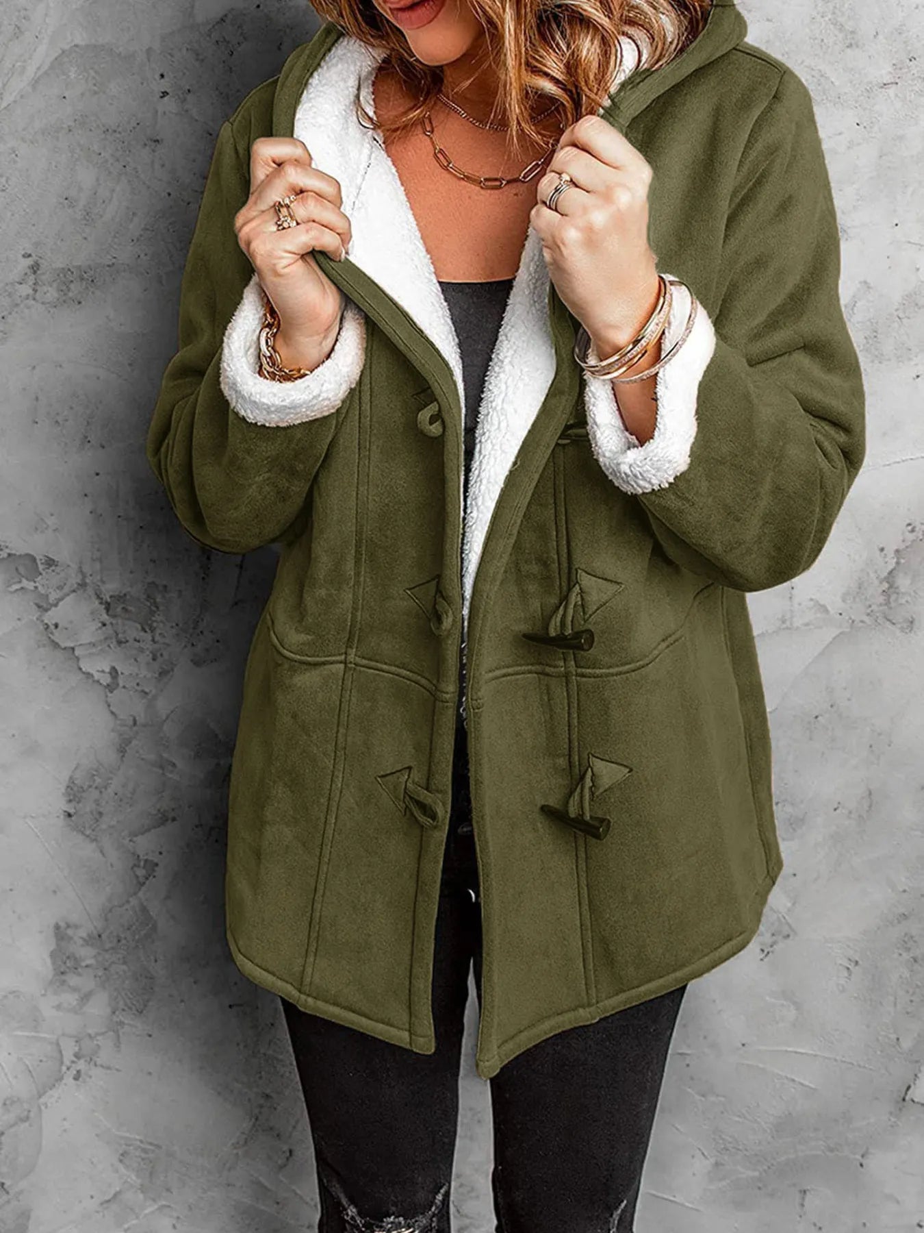 Full Size Cozy Sherpa Lined Toggle Coat with Hood Plus Size Army Green - Fashorio