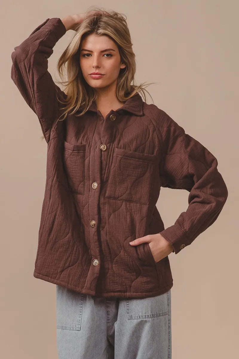 BiBi Quilted Gauze Long Sleeve Shacket – Oversized Buttoned Style - Fashorio
