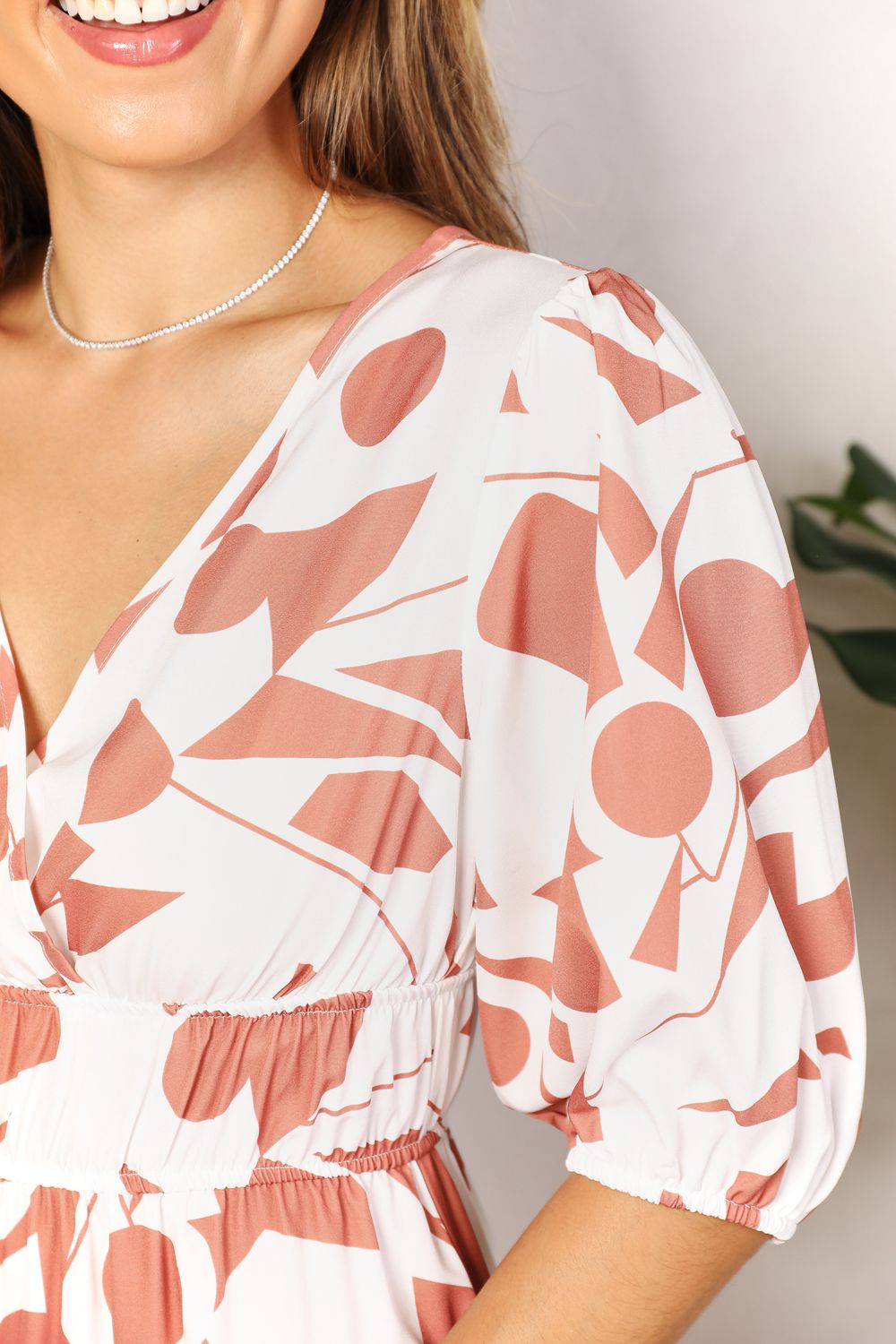 Printed Surplice Balloon Sleeve Dress - Fashorio