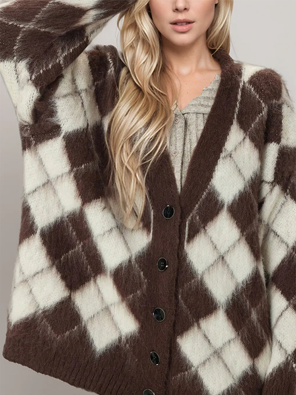 Plaid V-Neck Button Up Cardigan - Fashorio