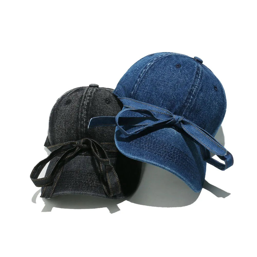 Washed Bow Denim Baseball Cap Navy One Size - Fashorio