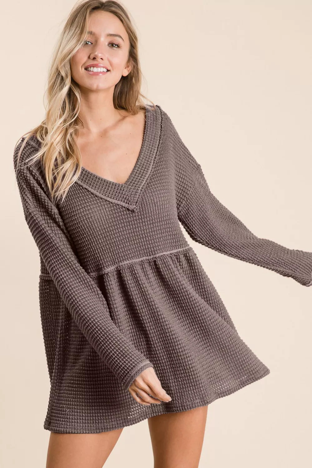 BiBi Waffle Knit V-Neck Babydoll Blouse - Fashorio