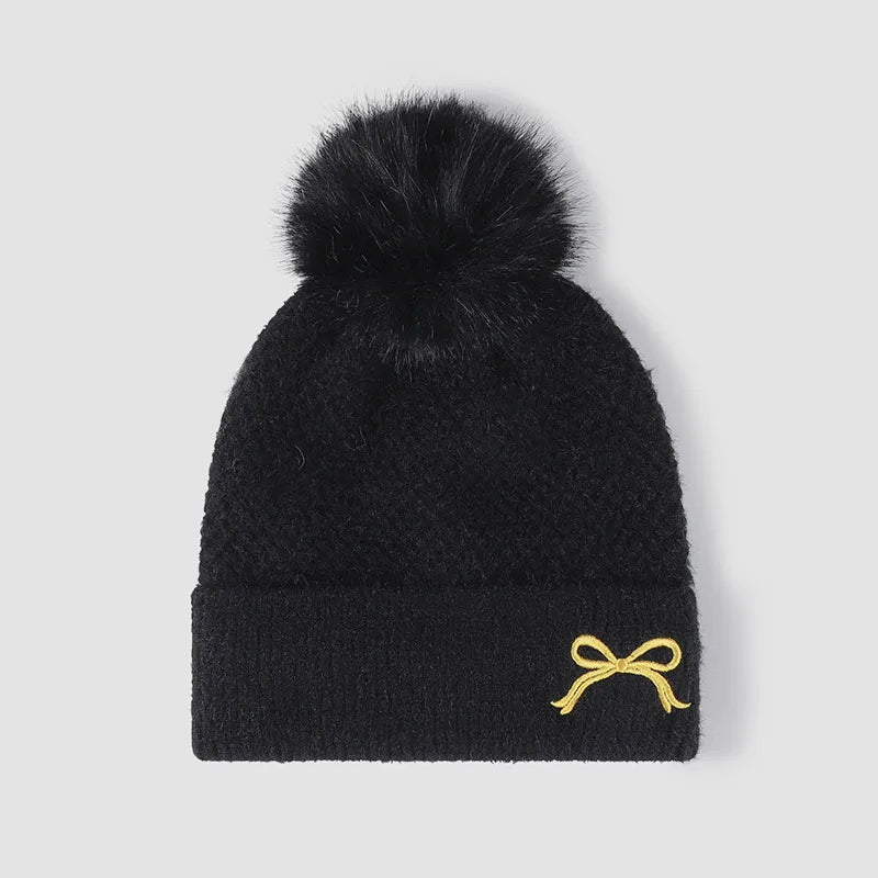 Thermal Bow Knit Hat with Pompom Black One Size - Fashorio