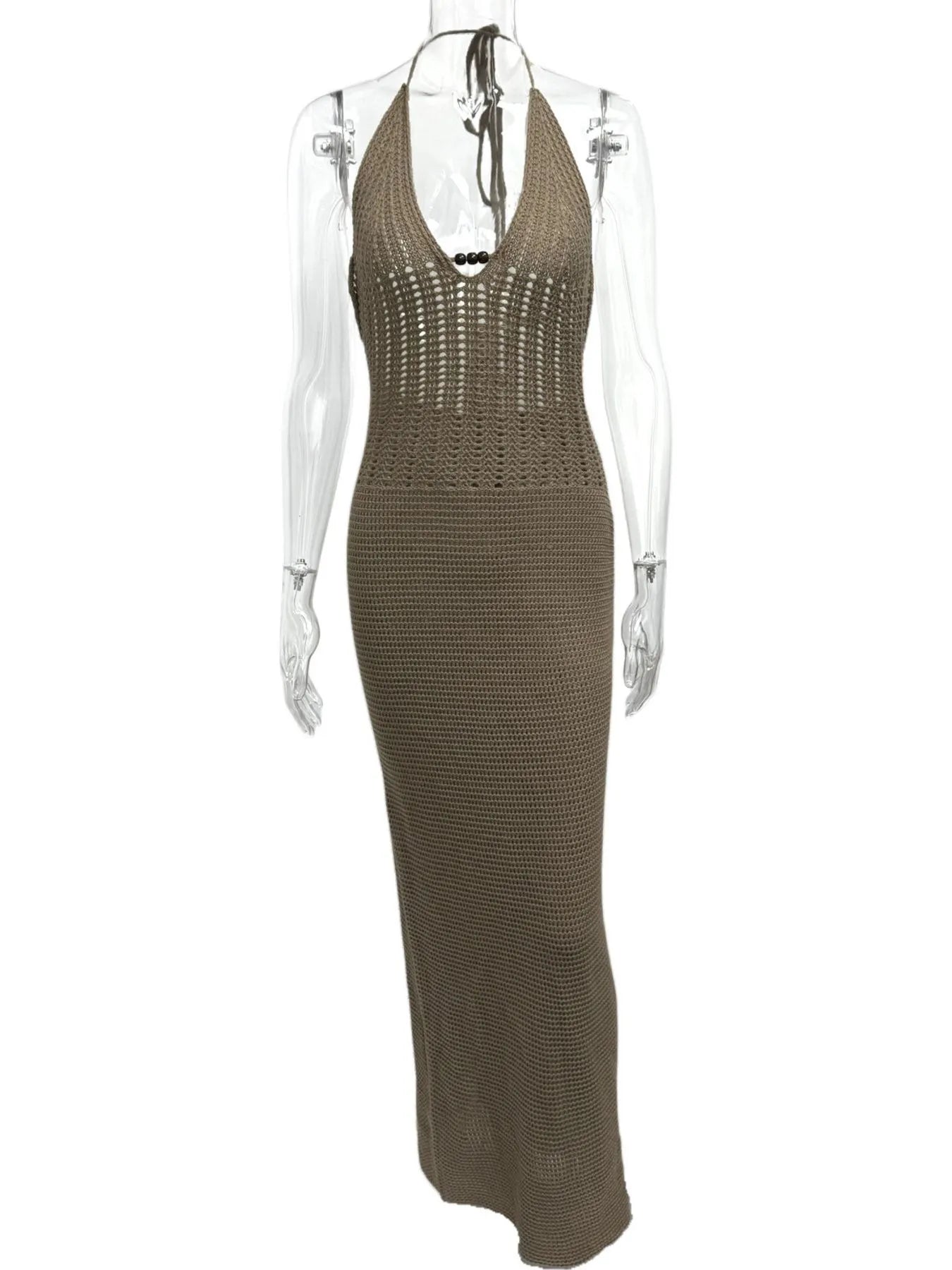 Halter Neck Maxi Bodycon Sweater Dress - Fashorio