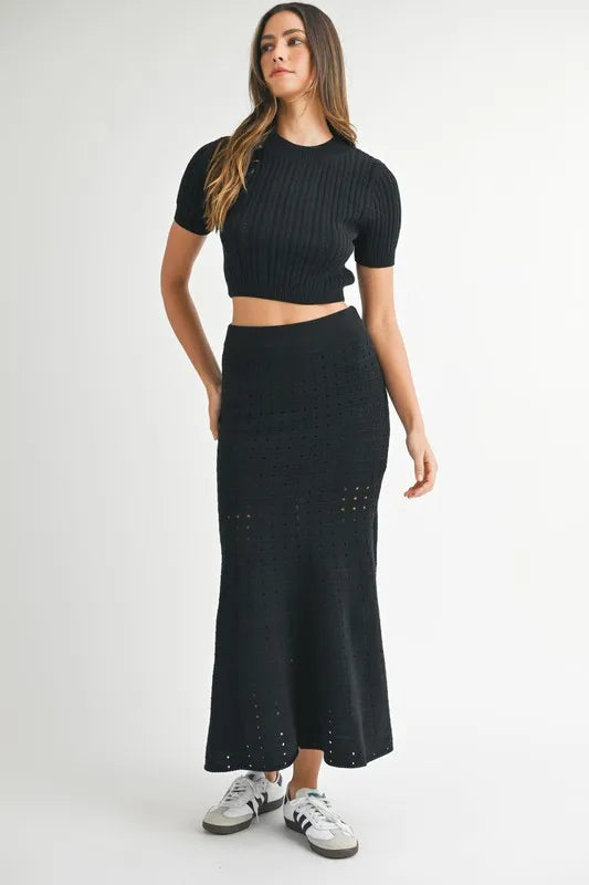 MABLE Pointelle Short Sleeve Crop Top and Slit Skirt Sweater Set - Fashorio