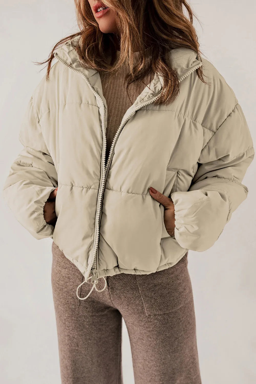Zip Up Collared Neck Long Sleeve Winter Coat - Fashorio