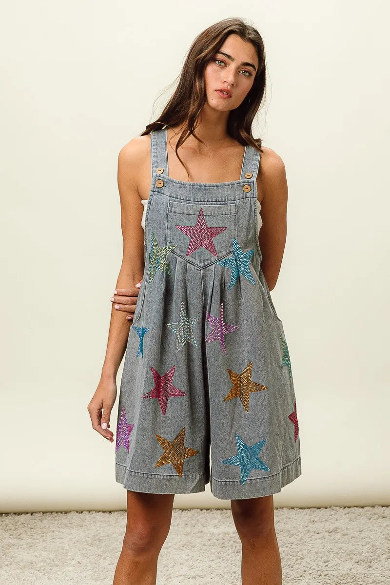 BiBi Star Rhinestone Washed Wide Leg Shortalls - Fashorio