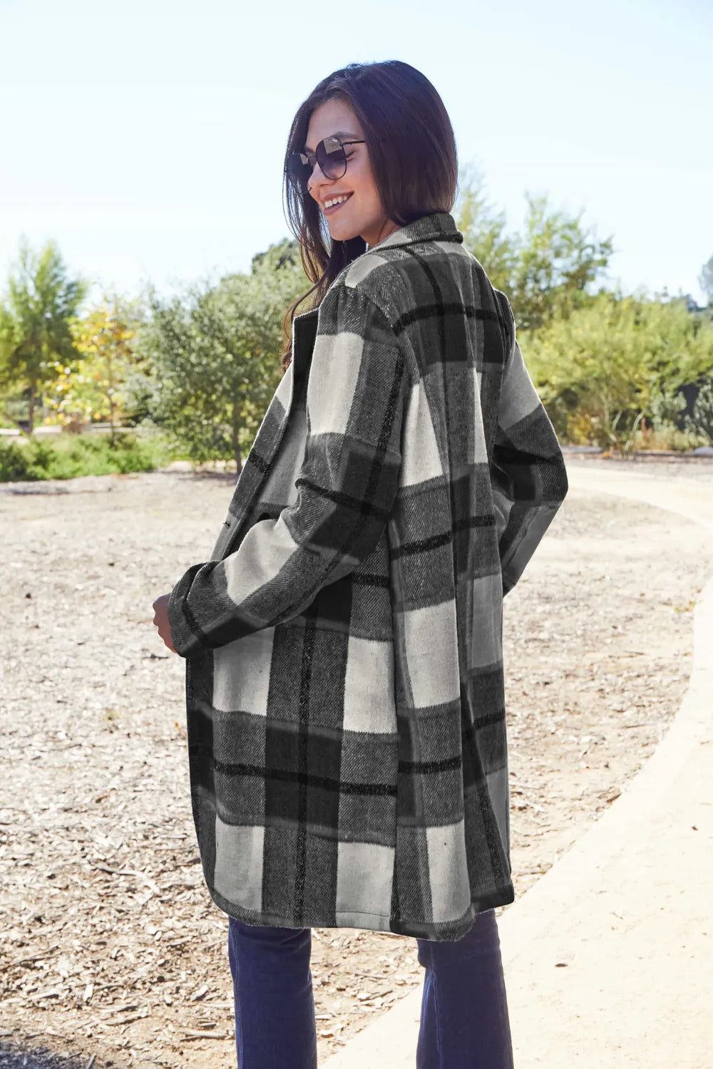 Double Take Full Size Plaid Button Up Lapel Collar Coat - Fashorio