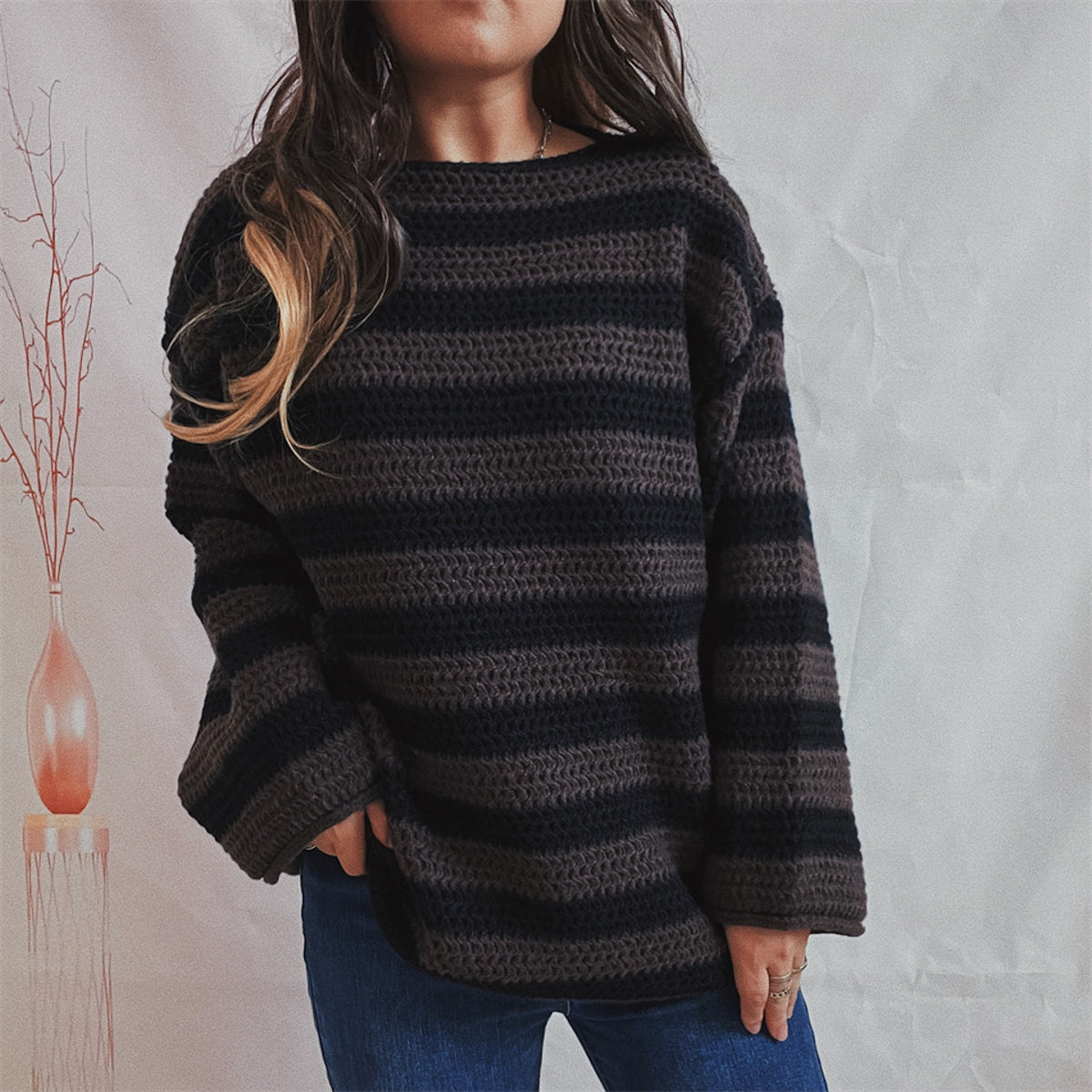 Striped Round Neck Long Sleeve Sweater Black - Fashorio