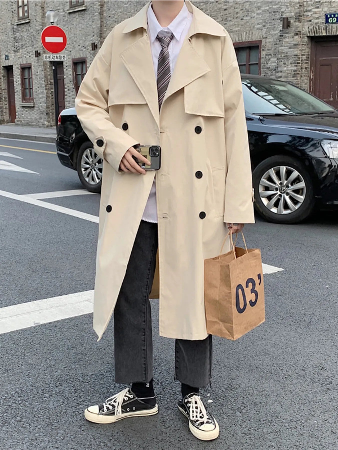 Men's Collared Neck Long Sleeve Trench Coat Khaki - Fashorio