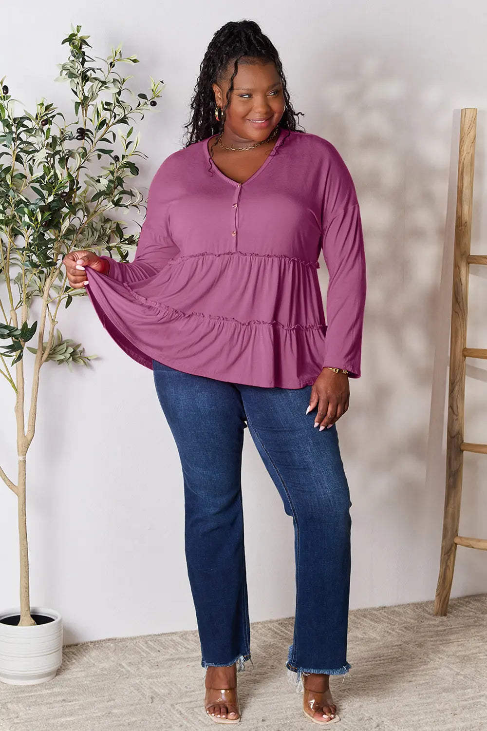 Double Take Half Button Long Sleeve Ruffle Hem Blouse - Fashorio