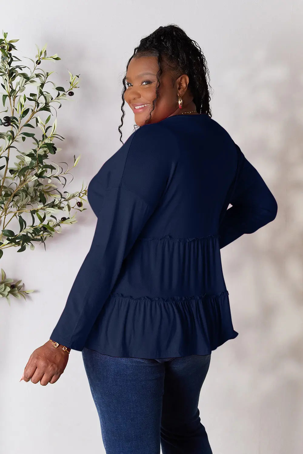 Double Take Half Button Long Sleeve Ruffle Hem Blouse - Fashorio